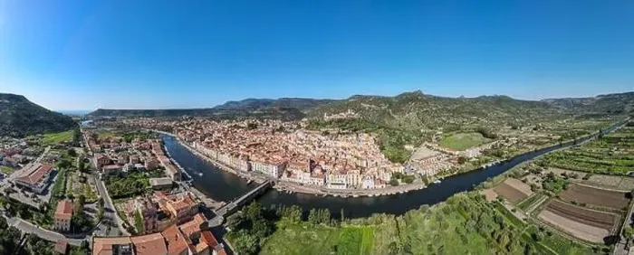 Framed Print : Drone view at the village of Bosa on Sardinia in Italy Framed Print : Drone view at the village of Bosa on Sardinia in Italy