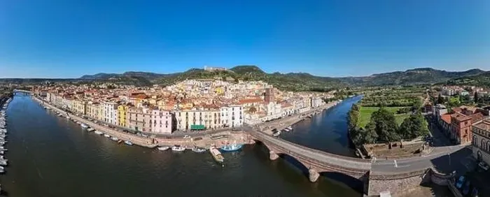Framed Print : Drone view at the village of Bosa on Sardinia in Italy Framed Print : Drone view at the village of Bosa on Sardinia in Italy