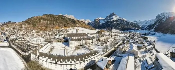 Framed Print : Drone view at the village of Engelberg on the Swiss alps Framed Print : Drone view at the village of Engelberg on the Swiss alps