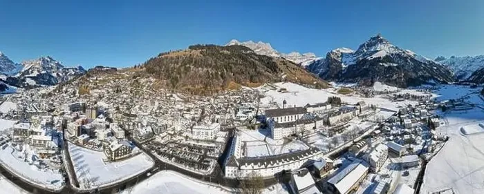 Framed Print : Drone view at the village of Engelberg on the Swiss alps Framed Print : Drone view at the village of Engelberg on the Swiss alps
