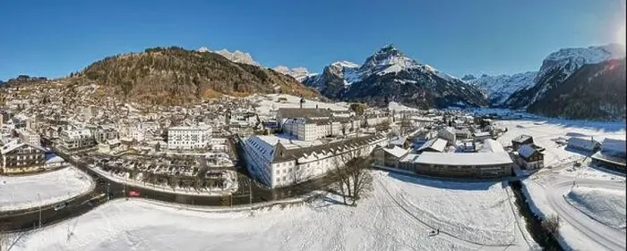 Framed Print : Drone view at the village of Engelberg on the Swiss alps Framed Print : Drone view at the village of Engelberg on the Swiss alps