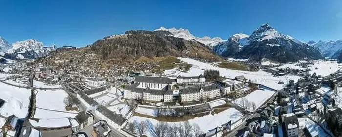 Framed Print : Drone view at the village of Engelberg on the Swiss alps Framed Print : Drone view at the village of Engelberg on the Swiss alps