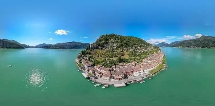 Framed Print : Drone view at the village of Morcote on lake Lugano in the italian part of Switzerland Framed Print : Drone view at the village of Morcote on lake Lugano in the italian part of Switzerland