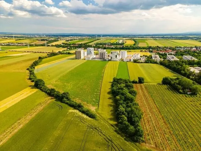 Framed Print : Drone view of vineyards wheat rape seed fields in southern Vienna with apartment buildings Framed Print : Drone view of vineyards wheat rape seed fields in southern Vienna with apartment buildings