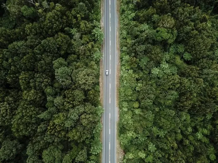 Framed Print : drone view zenithal shot of the straight road with a car going through the dense lush forest next to the green trees Framed Print : drone view zenithal shot of the straight road with a car going through the dense lush forest next to the green trees