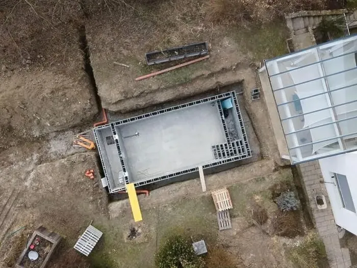 Framed Print : Drones aerial photo of a construction site of a pool Framed Print : Drones aerial photo of a construction site of a pool