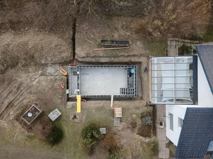 Framed Print : Drones aerial photo of a construction site of a pool Framed Print : Drones aerial photo of a construction site of a pool