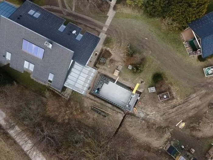 Framed Print : Drones aerial photo of a construction site of a pool Framed Print : Drones aerial photo of a construction site of a pool