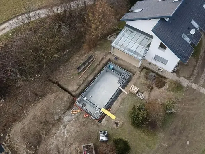 Framed Print : Drones aerial photo of a construction site of a pool Framed Print : Drones aerial photo of a construction site of a pool