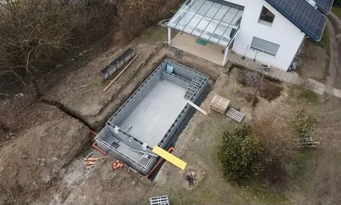 Framed Print : Drones aerial photo of a construction site of a pool Framed Print : Drones aerial photo of a construction site of a pool