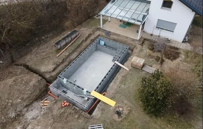 Framed Print : Drones aerial photo of a construction site of a pool Framed Print : Drones aerial photo of a construction site of a pool