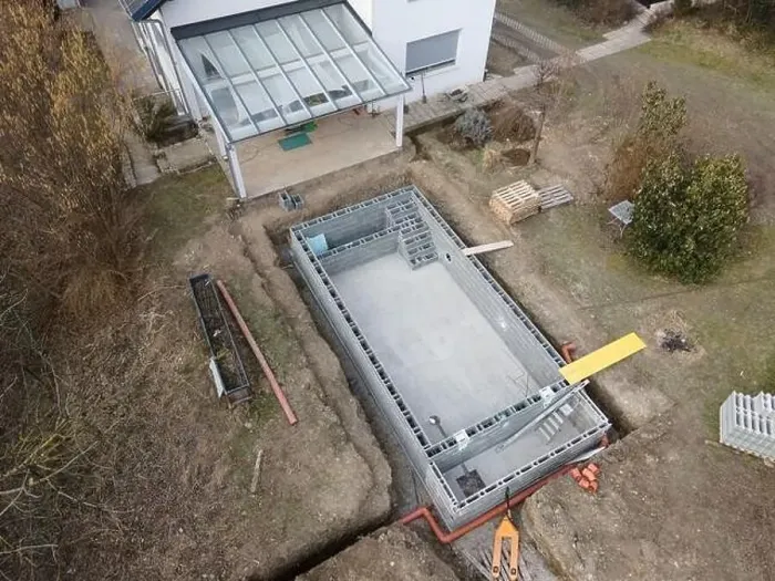 Framed Print : Drones aerial photo of a construction site of a pool Framed Print : Drones aerial photo of a construction site of a pool
