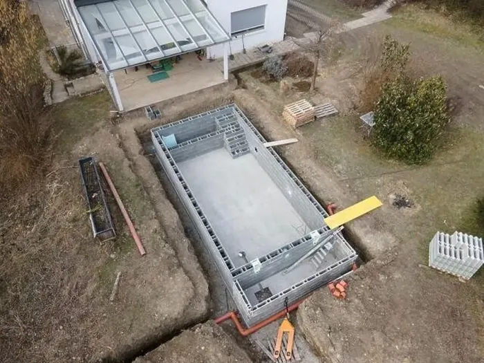 Framed Print : Drones aerial photo of a construction site of a pool Framed Print : Drones aerial photo of a construction site of a pool