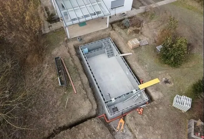 Framed Print : Drones aerial photo of a construction site of a pool Framed Print : Drones aerial photo of a construction site of a pool