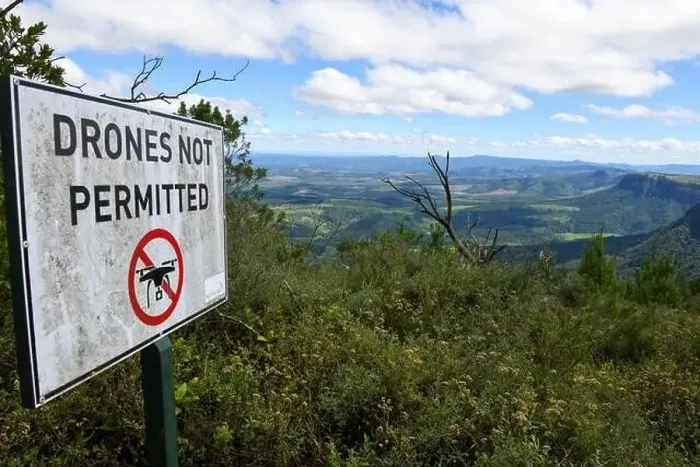 Framed Print : Drones not permitted sign at God's window on South Africa Framed Print : Drones not permitted sign at God's window on South Africa
