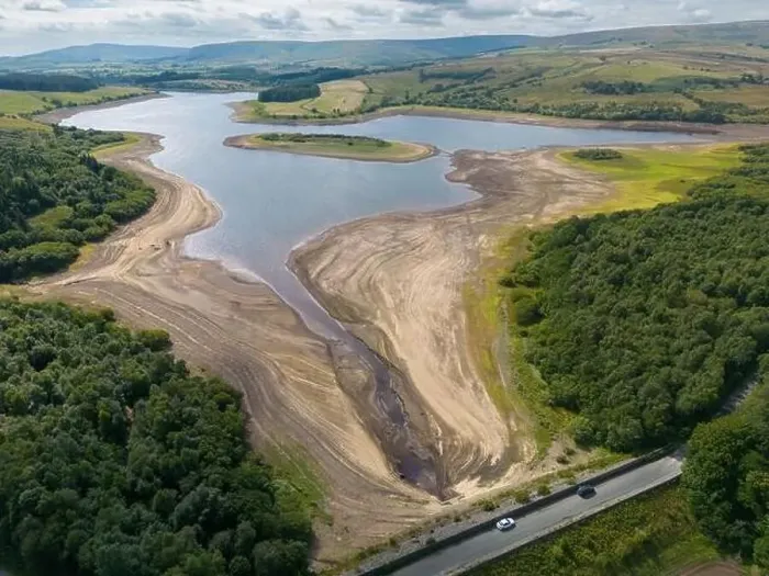 Framed Print : Drought conditions are shown through drone shots of Stocks Reservoir Hodder valley in the Forest of Bowland Framed Print : Drought conditions are shown through drone shots of Stocks Reservoir Hodder valley in the Forest of Bowland