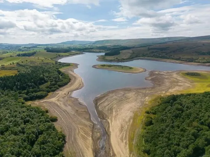 Framed Print : Drought conditions are shown through drone shots of Stocks Reservoir Hodder valley in the Forest of Bowland Framed Print : Drought conditions are shown through drone shots of Stocks Reservoir Hodder valley in the Forest of Bowland