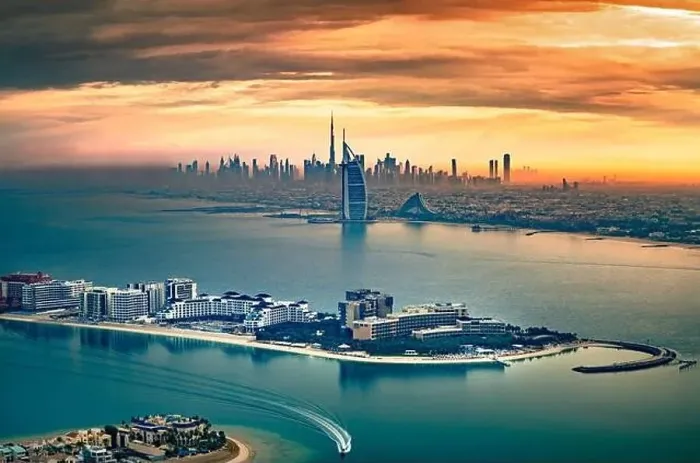 Framed Print : Dubai city - amazing city center skyline and famous Jumeirah beach at sunset, United Arab Emirates Framed Print : Dubai city - amazing city center skyline and famous Jumeirah beach at sunset, United Arab Emirates