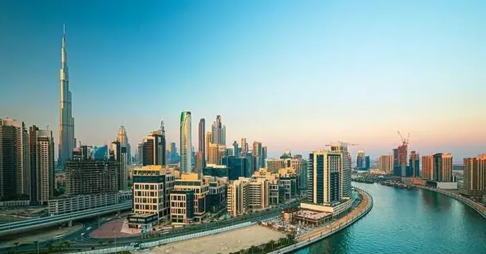 Framed Print : Dubai city center view at sunrise, United Arab Emirate Framed Print : Dubai city center view at sunrise, United Arab Emirate