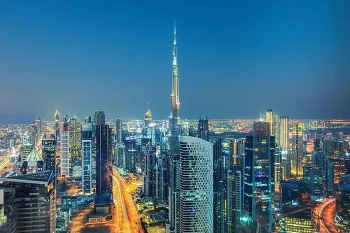 Framed Print : Dubai city skyline at sunset, United Arab Emirates Framed Print : Dubai city skyline at sunset, United Arab Emirates