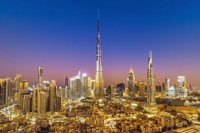 Framed Print : Dubai city skyline at sunset, United Arab Emirates