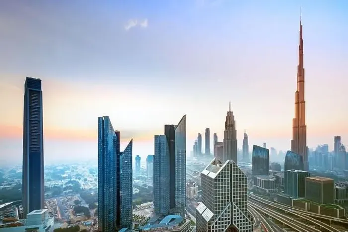 Framed Print : Dubai city skyline at sunset, United Arab Emirates