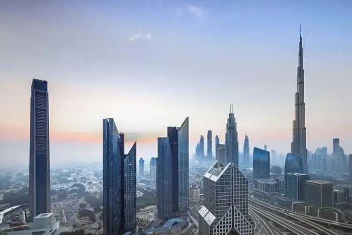 Framed Print : Dubai city skyline at sunset, United Arab Emirates Framed Print : Dubai city skyline at sunset, United Arab Emirates