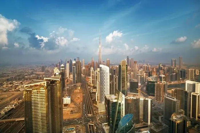 Framed Print : Dubai city skyline at sunset, United Arab Emirates
