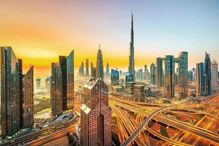 Framed Print : Dubai city skyline at sunset, United Arab Emirates Framed Print : Dubai city skyline at sunset, United Arab Emirates