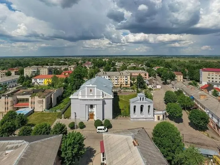 Framed Print : Dubno, Ukraine - June 7, 2021: Aerial view on Church of Saint John Nepomuk in Dubno, Ukraine from drone Framed Print : Dubno, Ukraine - June 7, 2021: Aerial view on Church of Saint John Nepomuk in Dubno, Ukraine from drone