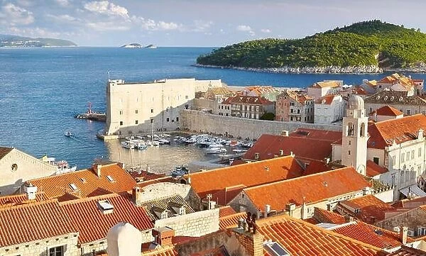 Dubrovnik Old Town, aerial view from City Walls to Harbour, Croatia