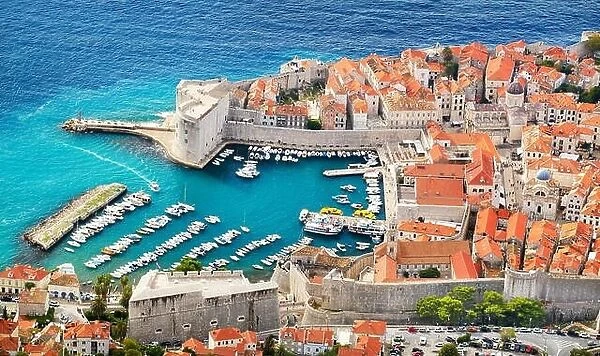 Dubrovnik old town, elevated view to harbor, Croatia