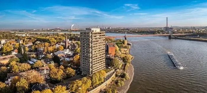 Framed Print : Duisburg Ruhr Area. Rhein River. Drone Aerial in autumn Framed Print : Duisburg Ruhr Area. Rhein River. Drone Aerial in autumn
