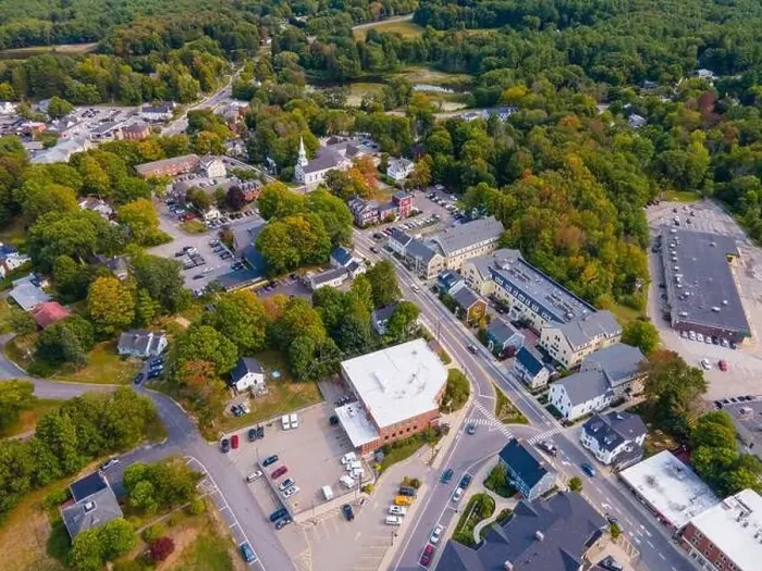 Framed Print : Durham historic town center aerial view on Main Street near University of New Hampshire UNH in town of Durham