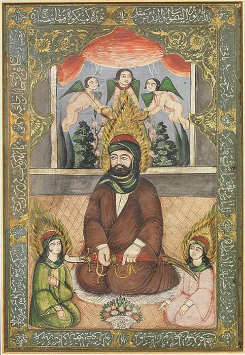 Framed Print : An early 19th-century Qajar miniature painting depicting Imam Ali and his children Framed Print : An early 19th-century Qajar miniature painting depicting Imam Ali and his children