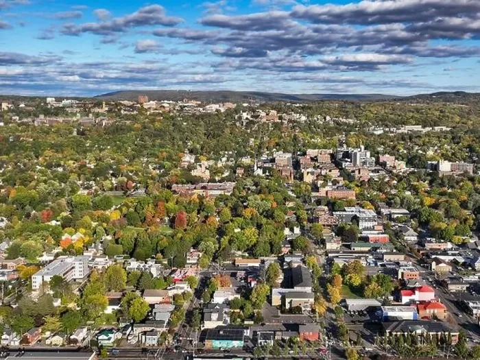 Framed Print : Early afternoon autumn aerial photo view of Ithaca New York Framed Print : Early afternoon autumn aerial photo view of Ithaca New York