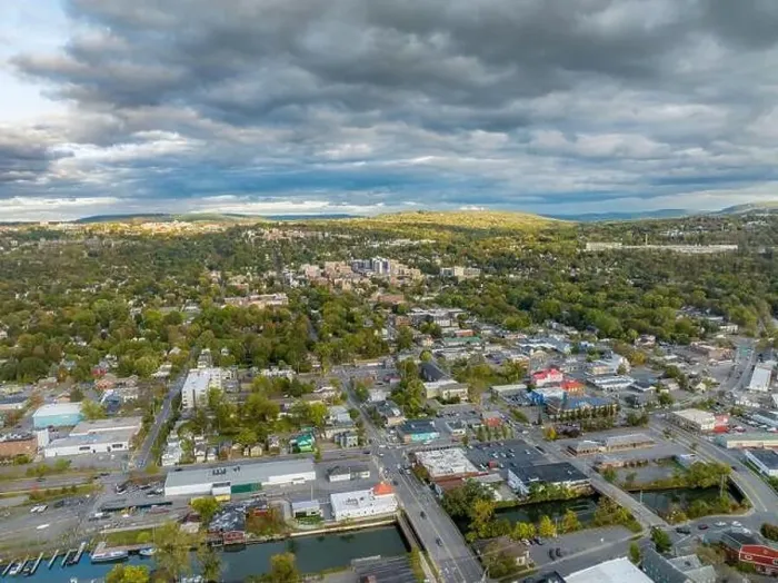 Framed Print : Early afternoon autumn aerial photo view of Ithaca New York Framed Print : Early afternoon autumn aerial photo view of Ithaca New York
