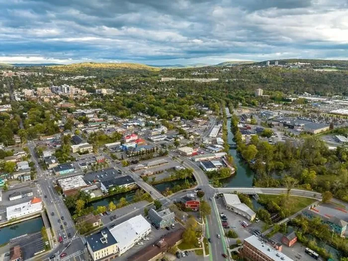 Framed Print : Early afternoon autumn aerial photo view of Ithaca New York Framed Print : Early afternoon autumn aerial photo view of Ithaca New York