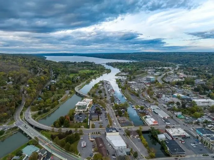 Framed Print : Early afternoon autumn aerial photo view of Ithaca New York Framed Print : Early afternoon autumn aerial photo view of Ithaca New York