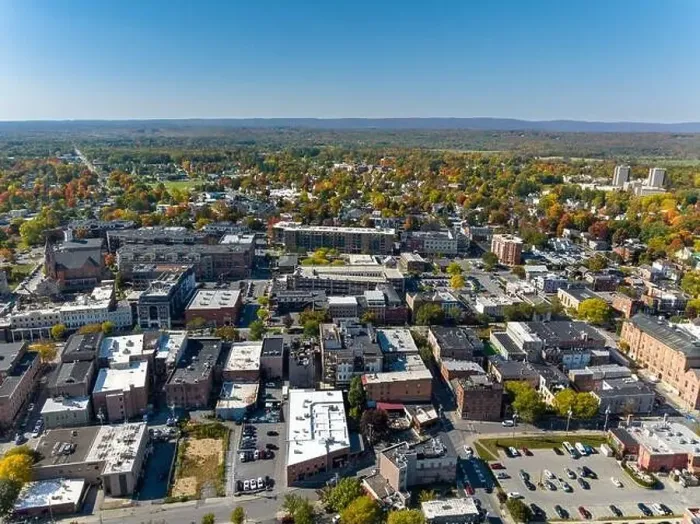 Framed Print : Early afternoon autumn aerial photo view of Saratoga Springs New York Framed Print : Early afternoon autumn aerial photo view of Saratoga Springs New York