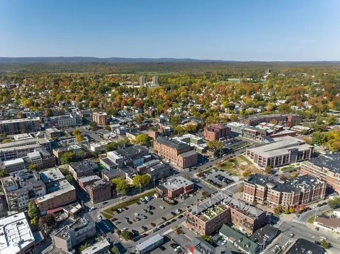 Framed Print : Early afternoon autumn aerial photo view of Saratoga Springs New York