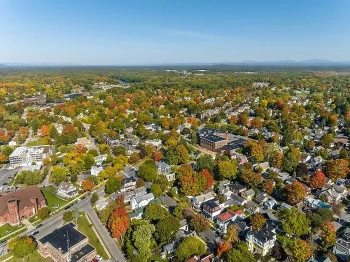 Framed Print : Early afternoon autumn aerial photo view of Saratoga Springs New York Framed Print : Early afternoon autumn aerial photo view of Saratoga Springs New York