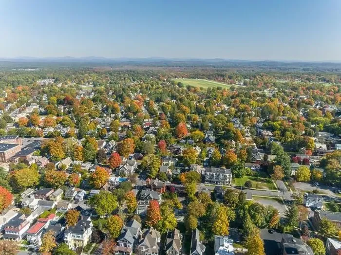 Framed Print : Early afternoon autumn aerial photo view of Saratoga Springs New York Framed Print : Early afternoon autumn aerial photo view of Saratoga Springs New York