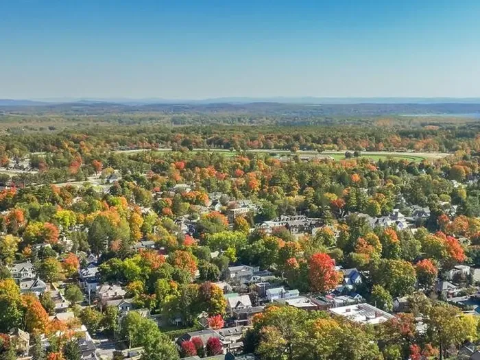 Framed Print : Early afternoon autumn aerial photo view of Saratoga Springs New York