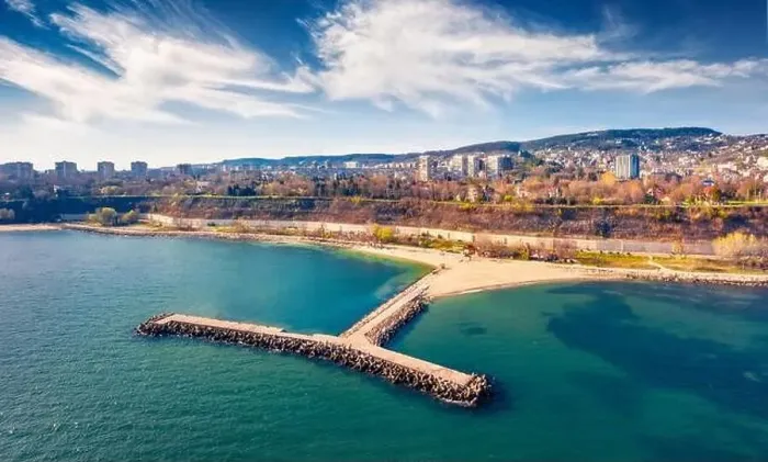 Framed Print : Early spring in Varna. Aerial morning view of Varna port