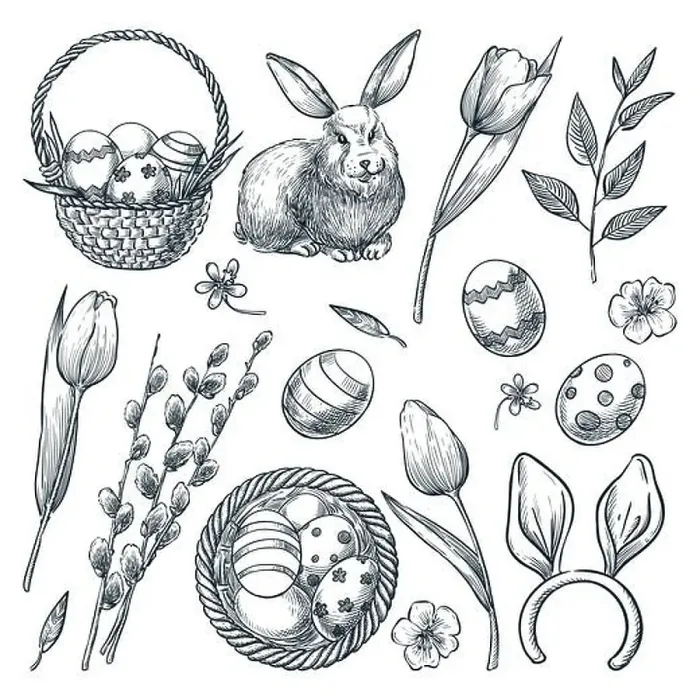 Framed Print : Easter eggs, basket, rabbit, willow and tulips flowers. Vector sketch illustration. Spring holiday design elements set Framed Print : Easter eggs, basket, rabbit, willow and tulips flowers. Vector sketch illustration. Spring holiday design elements set