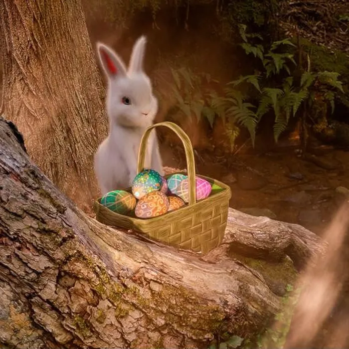 Framed Print : Easter magic bunny rabbit with eggs in an enchanted magical forest as a spring holiday symbol - 3d rendering Framed Print : Easter magic bunny rabbit with eggs in an enchanted magical forest as a spring holiday symbol - 3d rendering