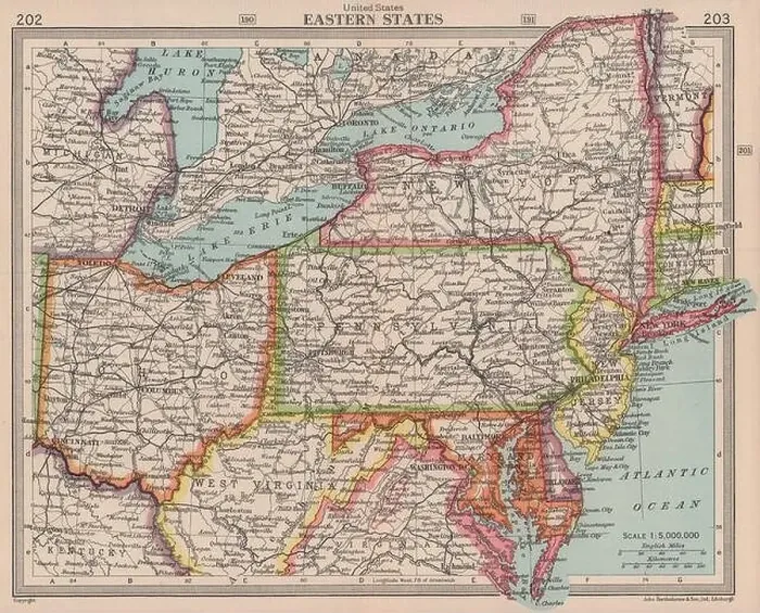 Framed Print : Eastern United States. USA. Ohio NY WV MD Pennsylvania. BARTHOLOMEW 1949 map Framed Print : Eastern United States. USA. Ohio NY WV MD Pennsylvania. BARTHOLOMEW 1949 map
