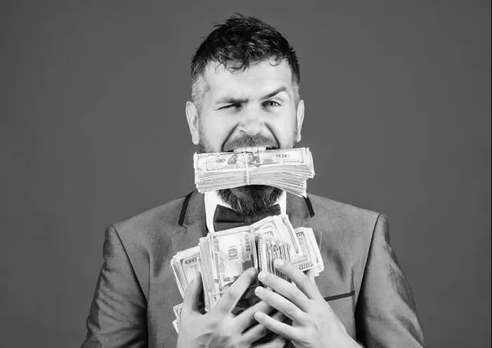 Framed Print : Easy cash loan. Man formal suit hold many dollar banknotes blue background Framed Print : Easy cash loan. Man formal suit hold many dollar banknotes blue background