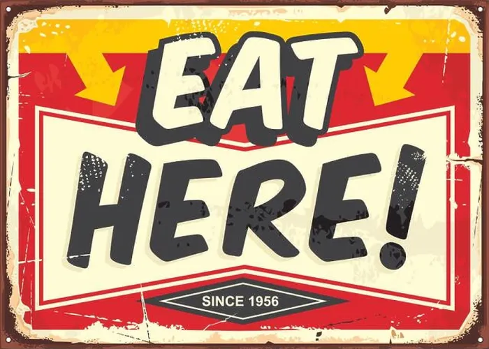 Framed Print : Eat here vintage restaurant tin sign. Promotional ad sign board for food and drink diner. Retro vector illustration Framed Print : Eat here vintage restaurant tin sign. Promotional ad sign board for food and drink diner. Retro vector illustration